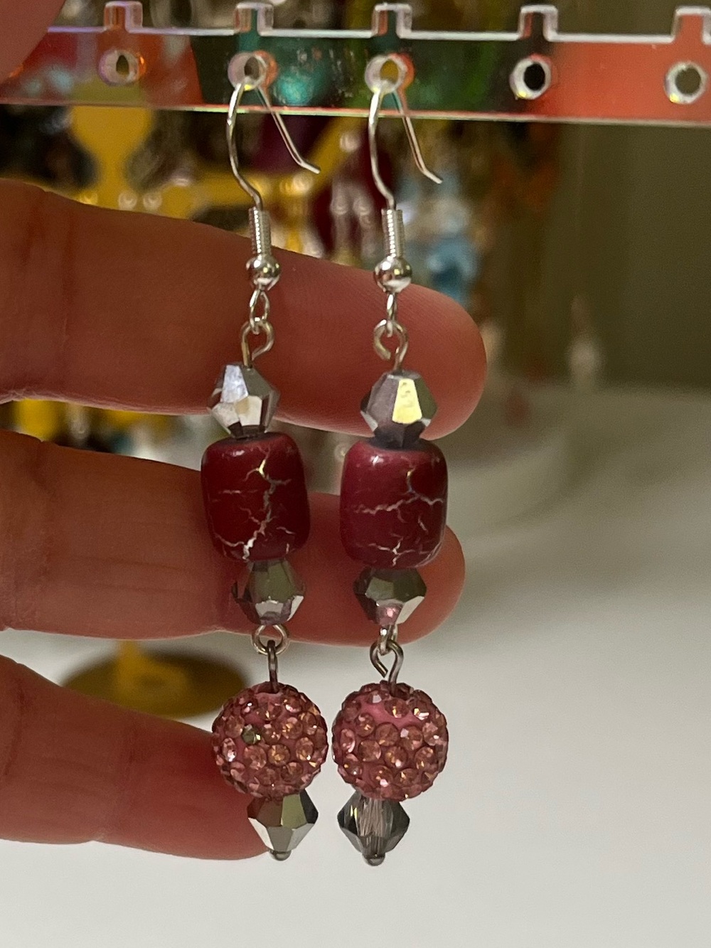 Handmade Burgundy Stone & Pink Pave Crystal Dangle Earrings